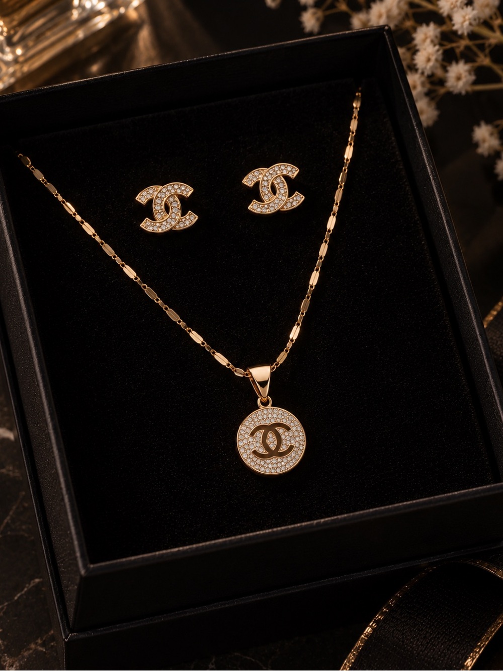 Gold inspired Logo Pendant Necklace and Stud Earring Set - Gold Crystal Accents